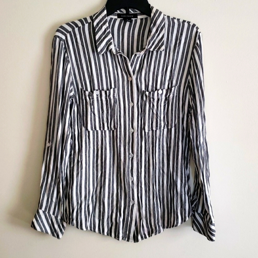 Sanctuary tomboy shirt, button down shirt, vertical stripes, Sz Small.
